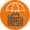 Commercial liability icon orange circle with blue building covered by white umbrella