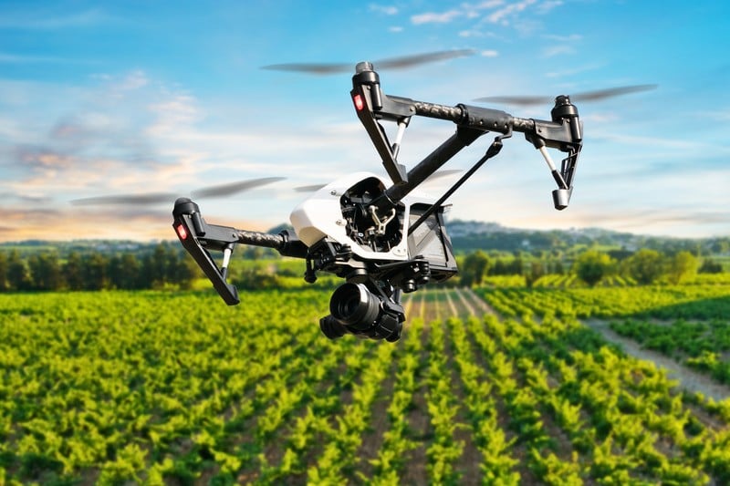 Drone over farm crop field