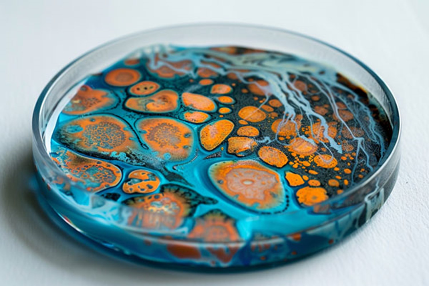A petri dish with blue and orange mold.