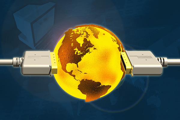 A yellow globe with network cables going into each end