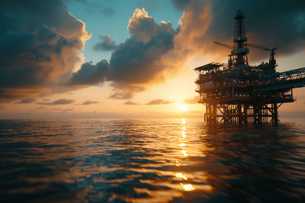 An offshore oil drilling platform during sunset