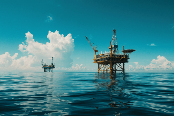 Two oil platforms on the water on a blue-sky day