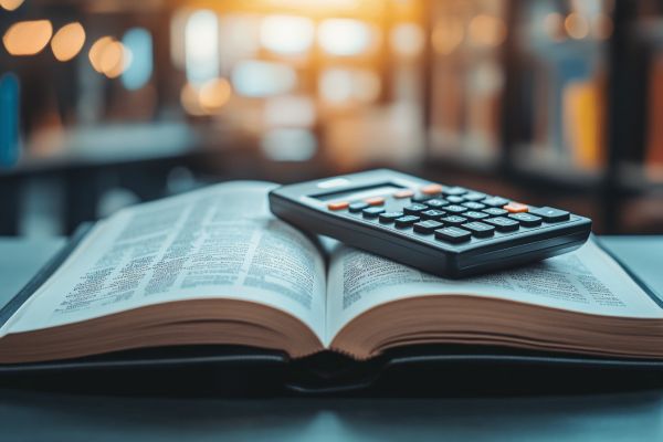 A calculator sits on top of an open book on a desk