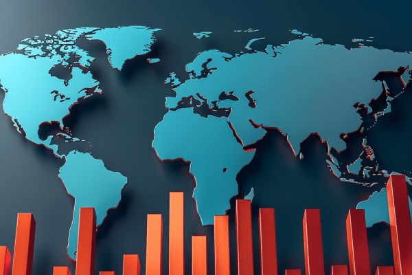An orange bar graph across the bottom with a light blue map of the world above the graph