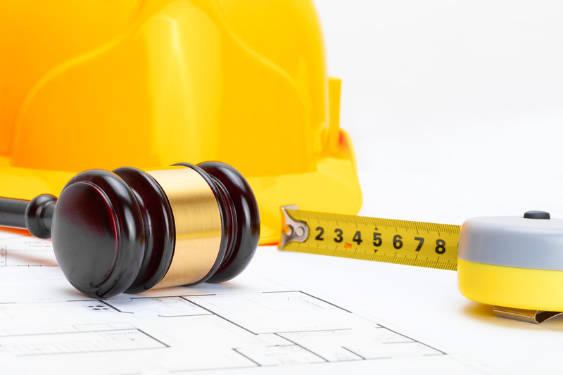 Gavel on building plans with construction helmet and measuring tape
