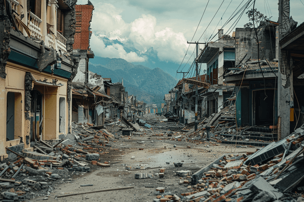 Rubble in a destroyed city street after a massive earthquake
