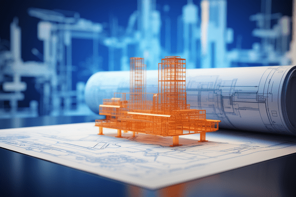 Abstract image of a miniature building under construction sitting on a blueprint