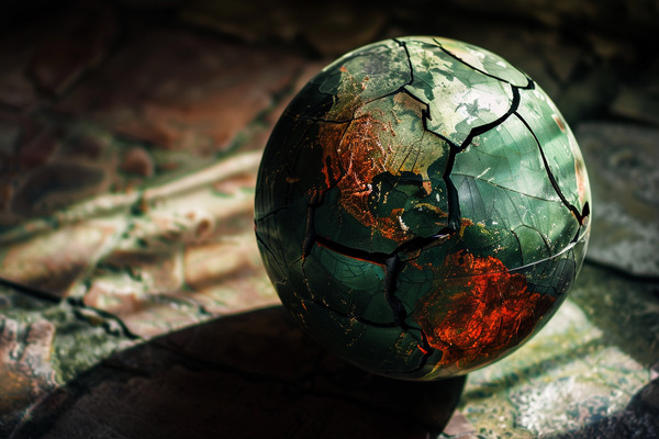 A globe that is heavily cracked sits on the dirty floor in shadows