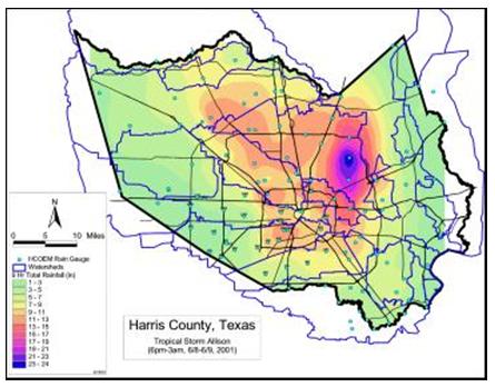Rainfall in Harris County, Texas as a result of Tropical Storm Allison