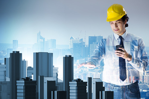 Futuristic architect using hologram construction plan