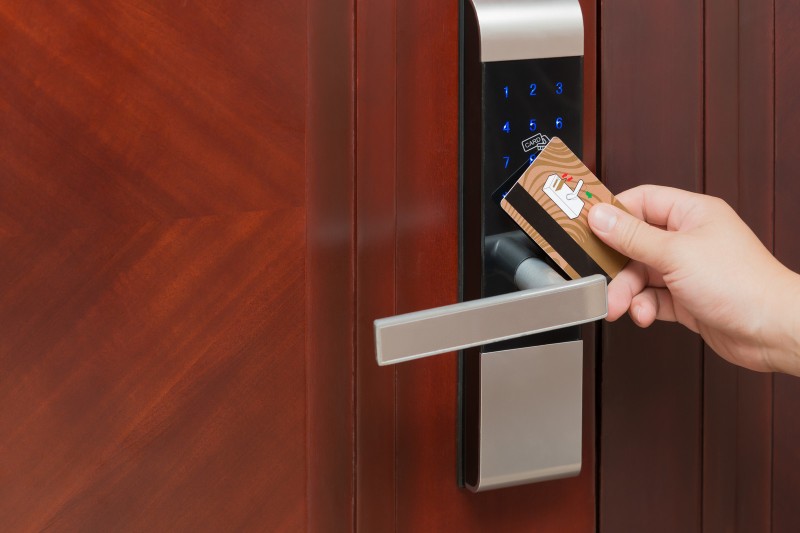 Hotel room door lock and key card