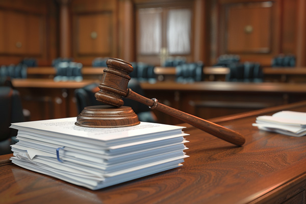 A gavel lays on top of a large stack of documents in an empty courtroom