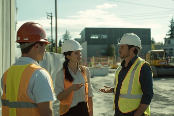 businesspeople in hardhats and safety vests talking on a
                    construction site