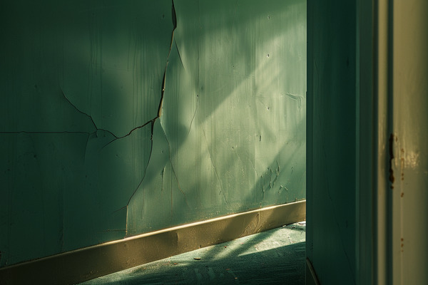 A hallway with one wall showing cracked drywall.