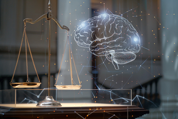 A set of legal scales with a hologram of a digital brain projected next to it