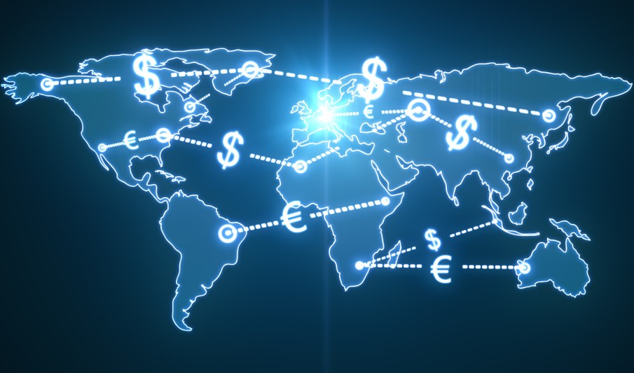 World map with dotted lines and dollar and Euro symbols connecting countries