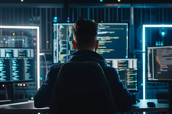A man sitting at a desk of computers working cyber security