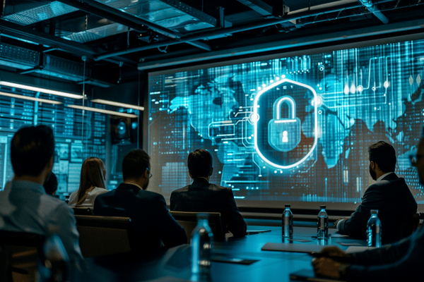 A group of professionals in a conference room watch a presentation screen with a cyber lock on it