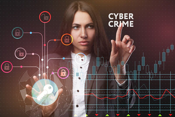 Businesswoman working on a virtual screen with graph key multiple locks and cyber crime