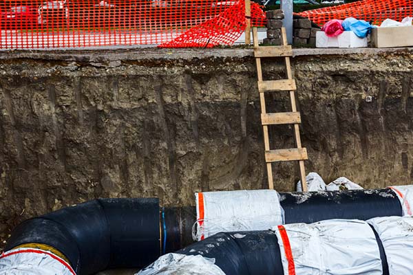 Wooden ladder in construction trench