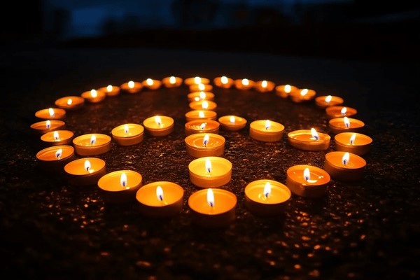 Votive candles lit and arranged in the shape of a peace sign