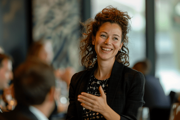 A businesswoman smiles while talking to seated professionals