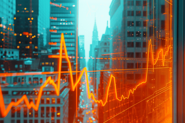 A bright orange line graph on a window overlooking a downtown city