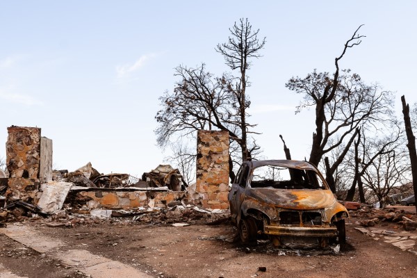 The charred remains of a house and car after a devastating forest fire