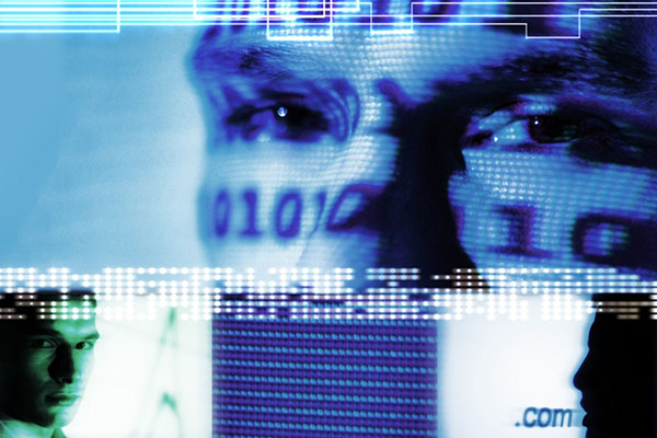 Men's faces with binary code over them