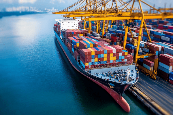 A docked cargo ship filled with shipping containers
