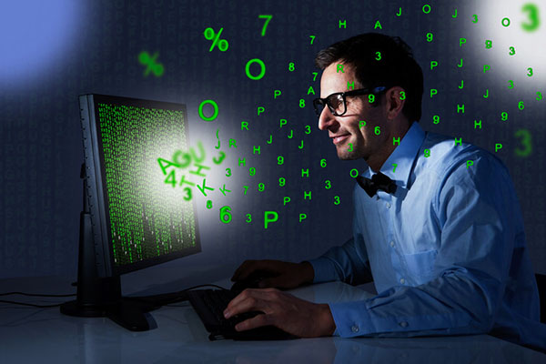 Businessman with computer data streaming out of monitor