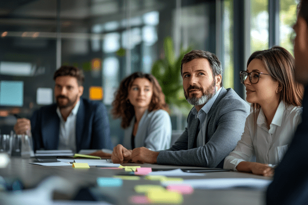 Multiple business professionals sit around an office table while working together