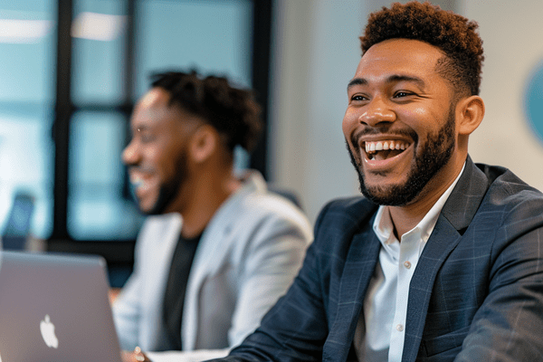 Two business professionals in suits laugh and smile while working in an office
