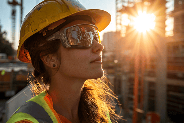A woman construction work looks upward with the sun shining brightly behind her