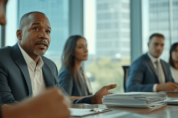 Business people meet in a board room with lots of documents on the table