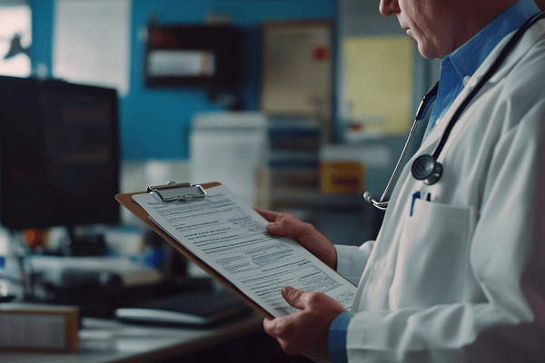 A doctor reviews paperwork on a clipboard