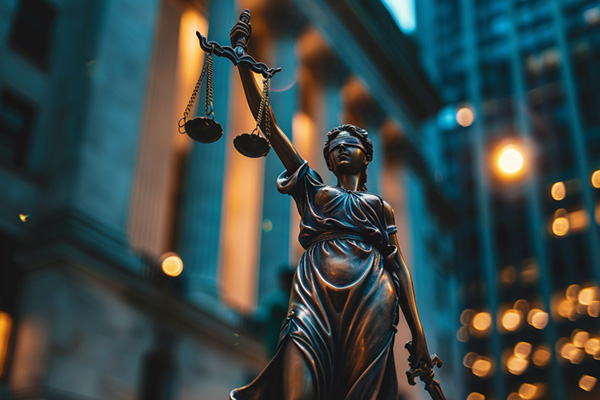 A statue of blind lady justice outside a city courthouse at twilight