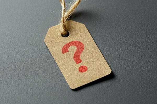 A brown price tag with a red question mark printed on it
