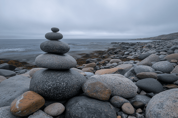Rocks stacked into a cairn on a rock beach
