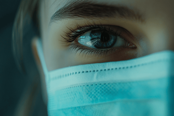 A close-up of a woman who is wearing a blue medical mask