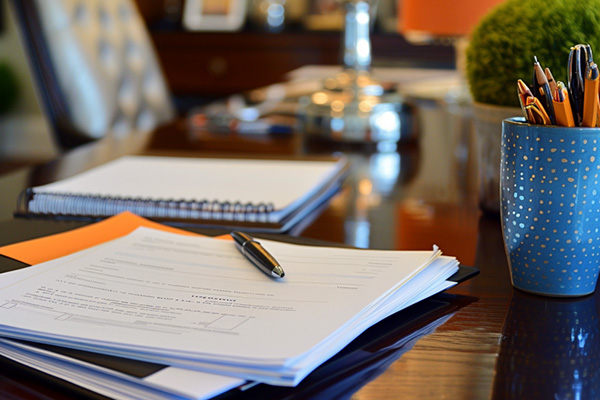 A stack of contracts sit on a desk with a pen on top