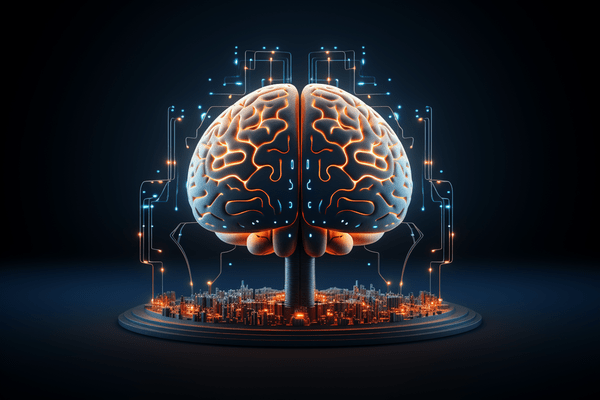 Abstract illustrated digital brain over a digital cityscape