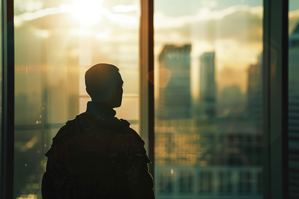 Military soldier staring out an office window.