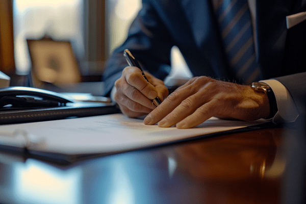 A businessman signs paperwork on an office desk
