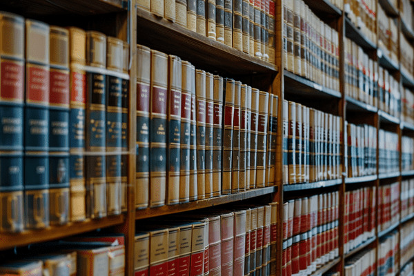 Law books stacked on shelves at a law library
