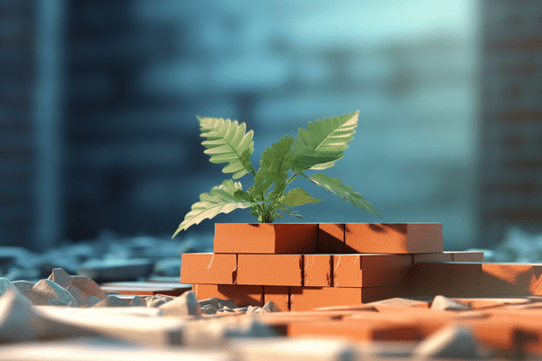 A tiny green plant growing out of a pile of bricks
