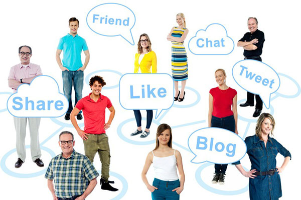 People with social media interactions in dialog balloons