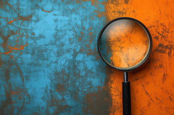 A magnifying glass laying against an old, painted surface of blue and orange