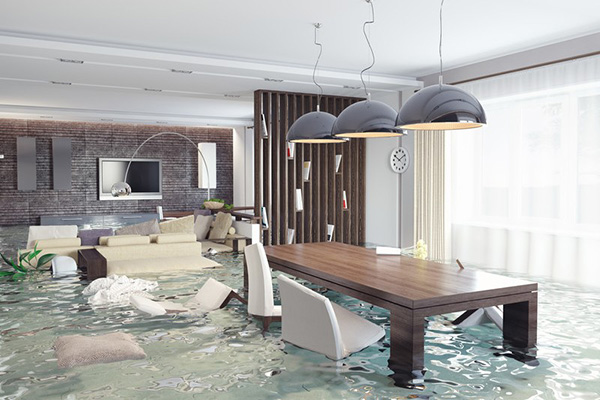 Interior of modern home with foot of water inside