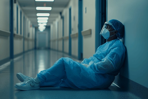 A doctor in full PPE sitting on the floor in an empty hallway hospital to rest